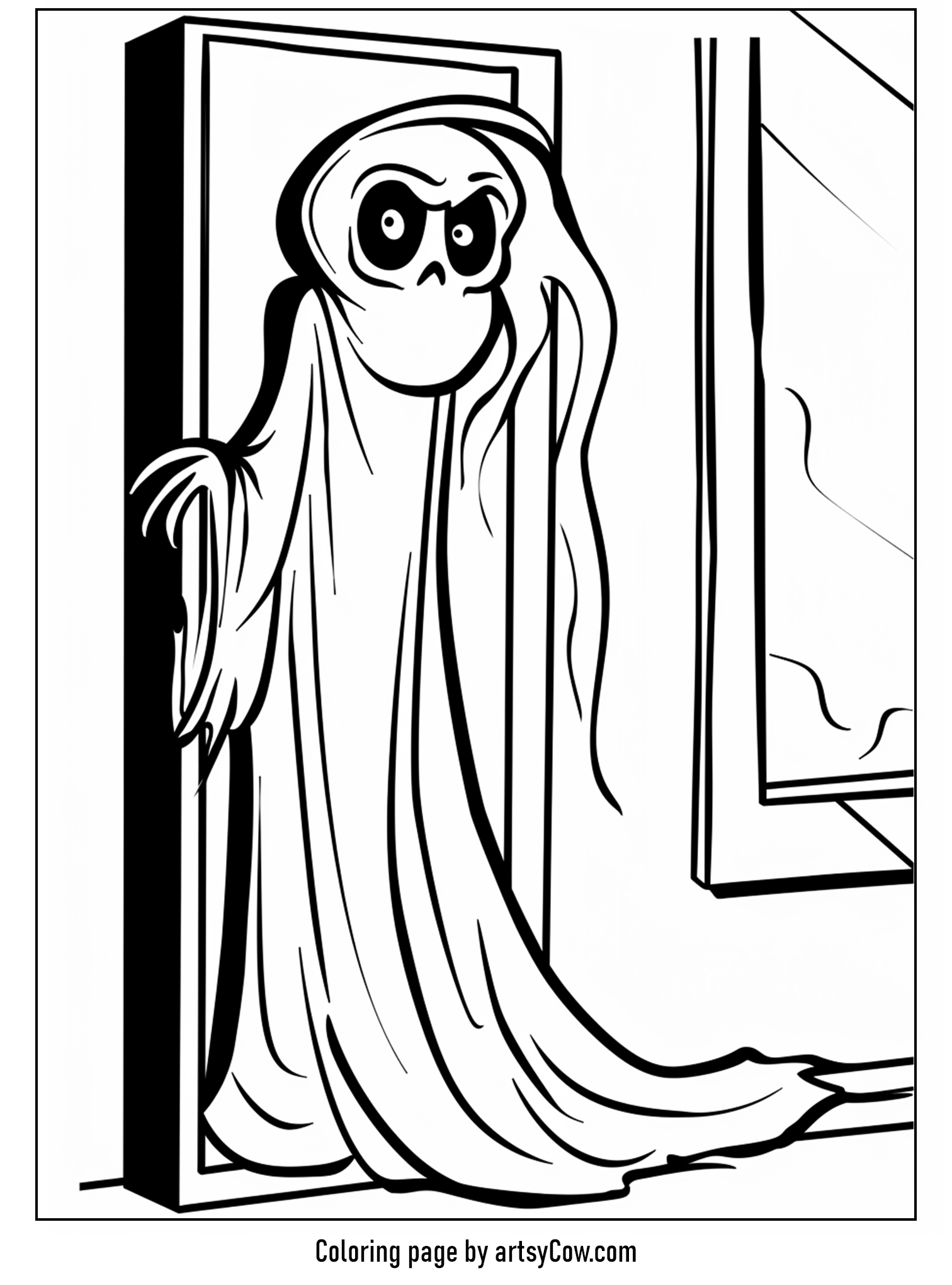 scary halloween coloring pages - A shadowy figure appears from behind a door, eyes wide with a spooky surprise.